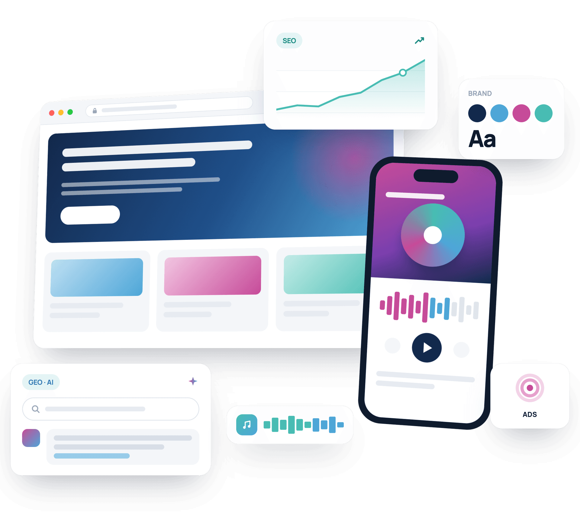 Illustration of a website, a mobile app, SEO and AI search results, brand colours, ads and sound